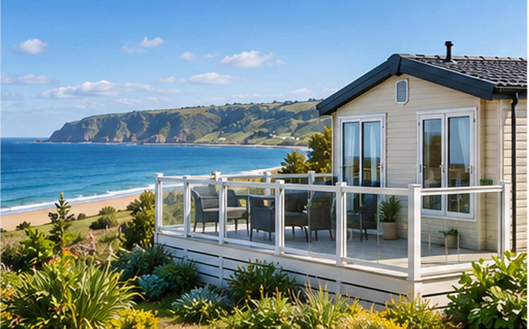 Static caravan in a coastal setting representing caravan parks across the North Coast of Northern Ireland