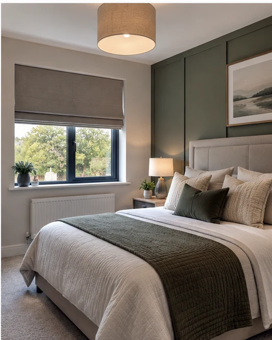 Illustrative Stonebridge View bedroom with a tailored Roman blind and calm neutral styling.