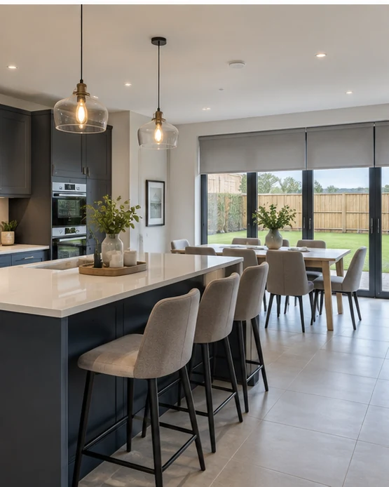 Illustrative Stonebridge View kitchen and dining area with practical fitted blinds and garden access.