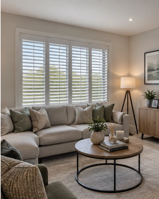 Illustrative Stonebridge View living room with white plantation shutters and a clean contemporary family-home finish.