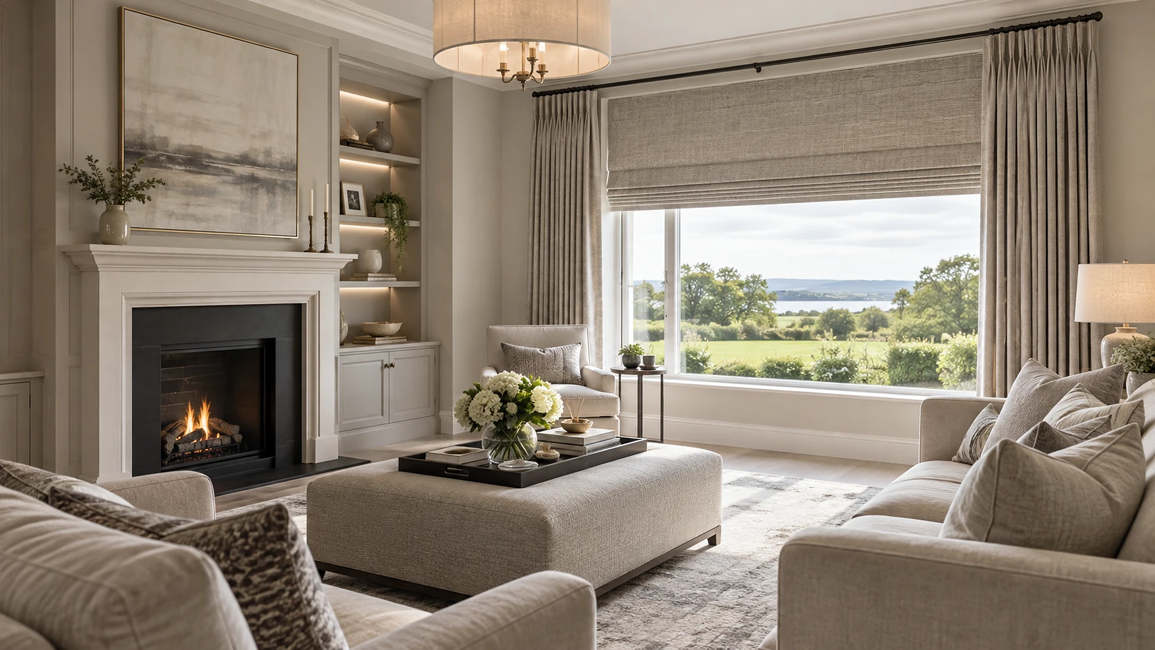 Ultra-realistic elegant living room with made-to-measure window treatments, illustrative of a Stoney Manor home