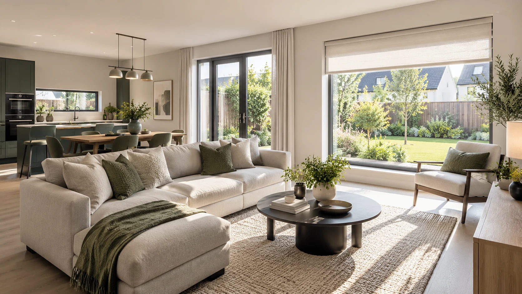 Ultra-realistic contemporary interior illustrating coordinated blinds and shutters for a Stoney Manor home