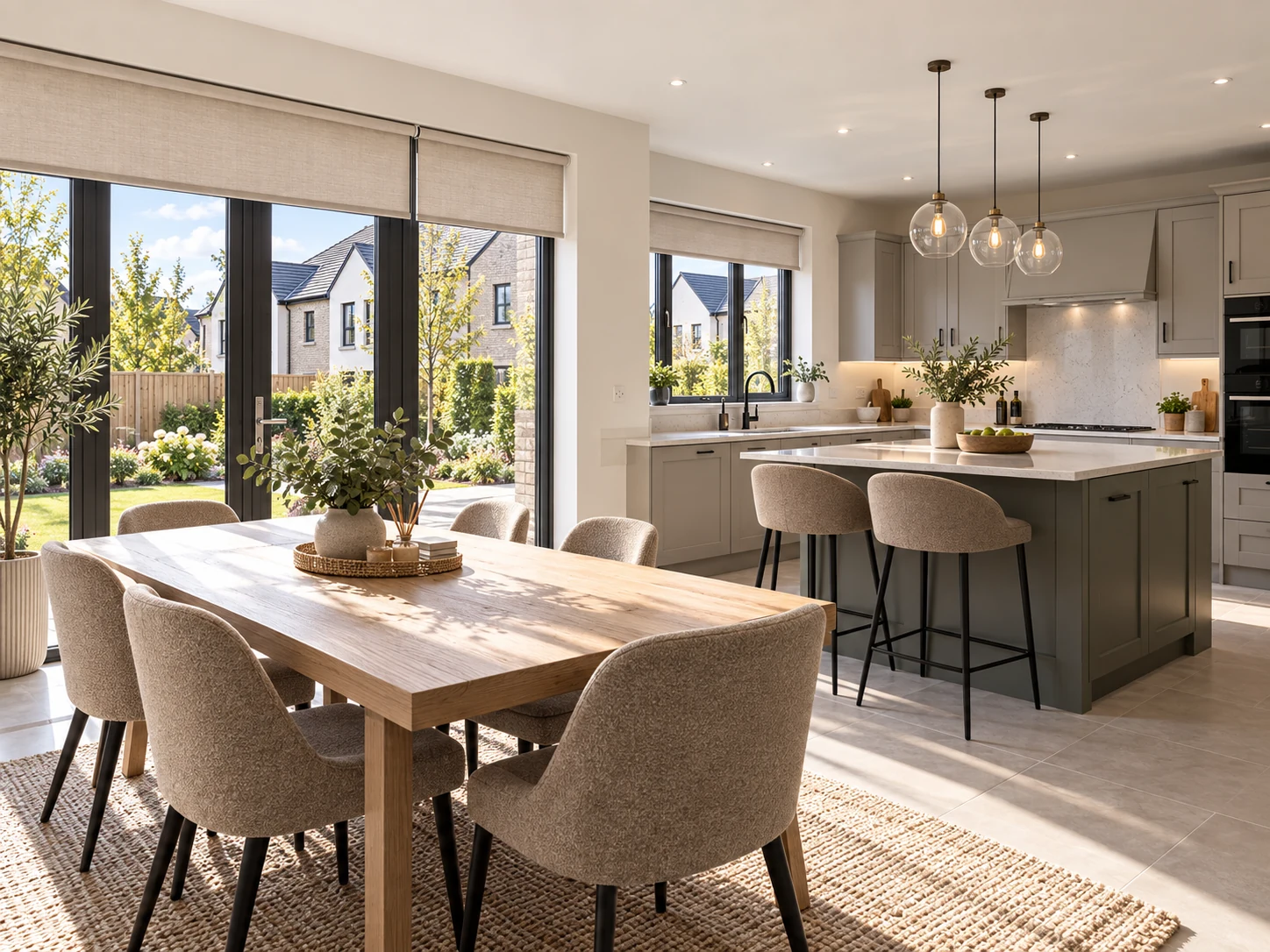 Large kitchen diner with roller blinds illustrating a whole-home option for The Meadows Carryduff