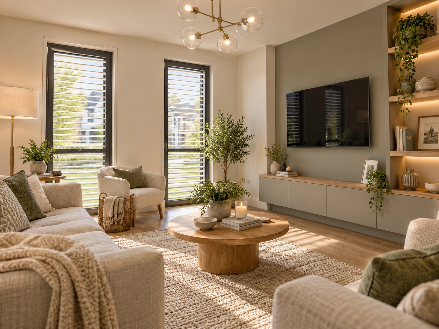 Living room with slim horizontal blinds illustrating light and privacy control for The Meadows Carryduff