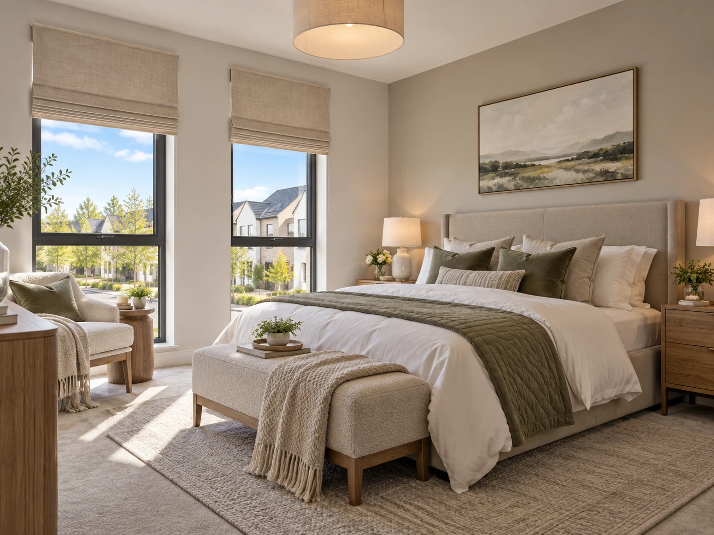 Main bedroom with Roman blinds illustrating a softer bedroom finish for The Meadows Carryduff