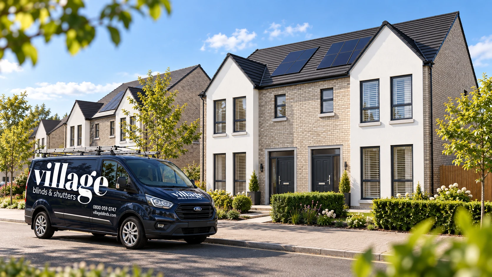 The Meadows Carryduff new homes with a Village Blinds and Shutters van outside