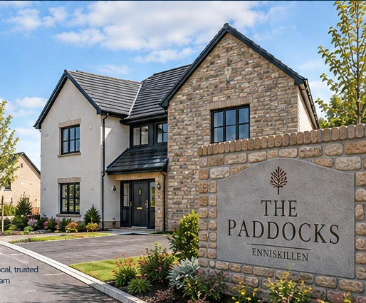 Illustrative exterior of a detached home at The Paddocks in Enniskillen with heritage brick detailing, sash-style windows and a slate-effect roof.