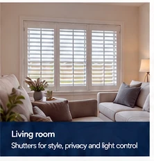 Illustrative living room at The Paddocks in Enniskillen with white plantation shutters and a calm neutral finish.