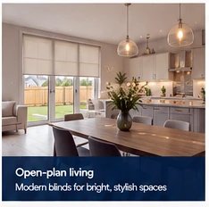 Illustrative open-plan kitchen and dining room at The Paddocks with wide glazing and a clean made-to-measure blind.