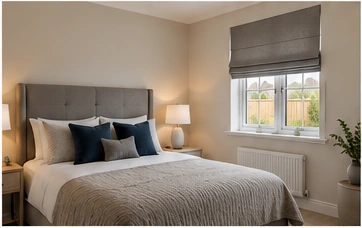 Calm neutral bedroom with a tailored Roman blind, illustrative of a luxury turnkey home at The Spires in Dungannon.