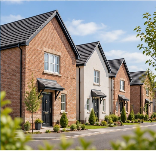 Brick and render new homes with traditional gables and dark-framed windows, illustrative of The Spires on Bush Road in Dungannon.