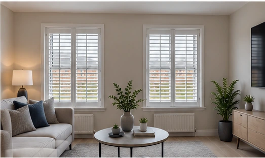 High-spec living room with white plantation shutters and neutral finishes, illustrative of a home at The Spires in Dungannon.
