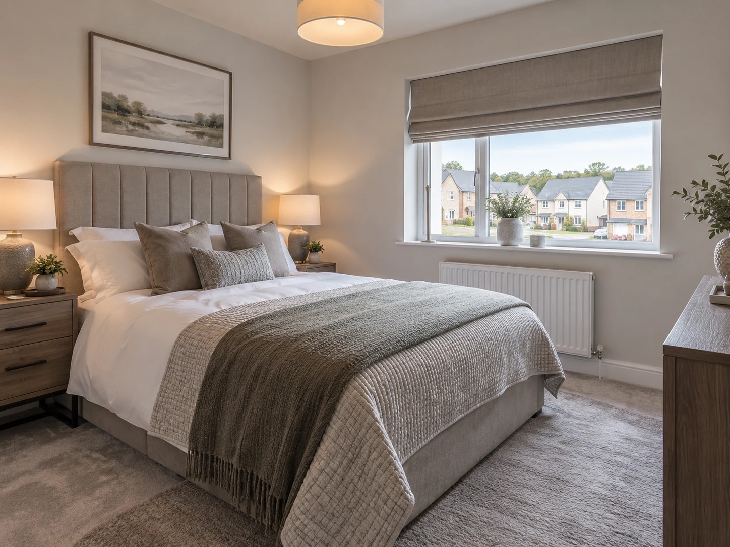 Calm double bedroom with a tailored Roman blind, illustrative of a bedroom at Tullybroom Heights.