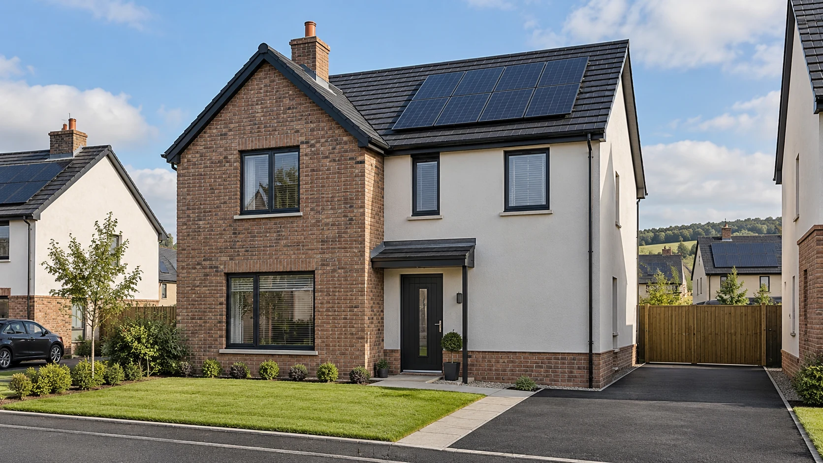 Contemporary brick and render new homes with dark-framed windows and pitched roofs, illustrative of Tullybroom Heights in Clogher.