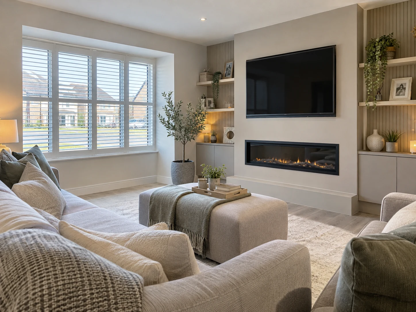 Bright family living room with white plantation shutters, illustrative of a home at Tullybroom Heights in Clogher.