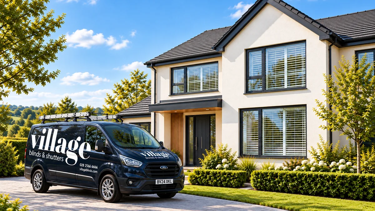 New build developments Northern Ireland with Village Blinds and Shutters van outside a modern new-build home