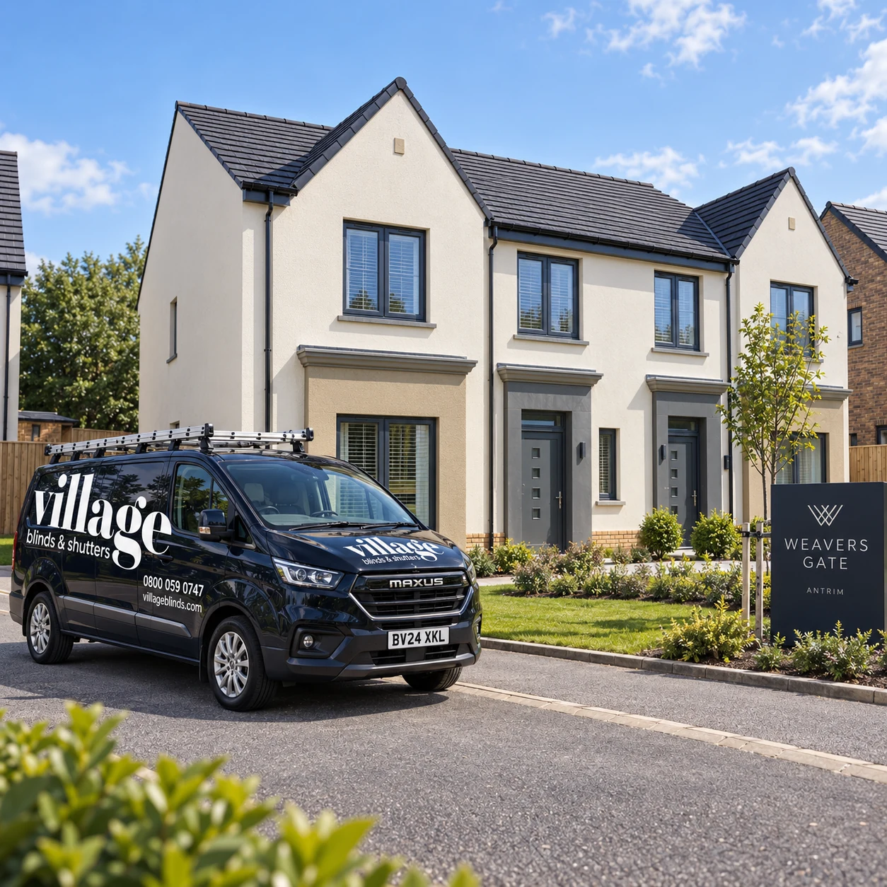 Weavers Gate Antrim blinds and shutters – Village Blinds and Shutters van outside a Weavers Gate new-build home