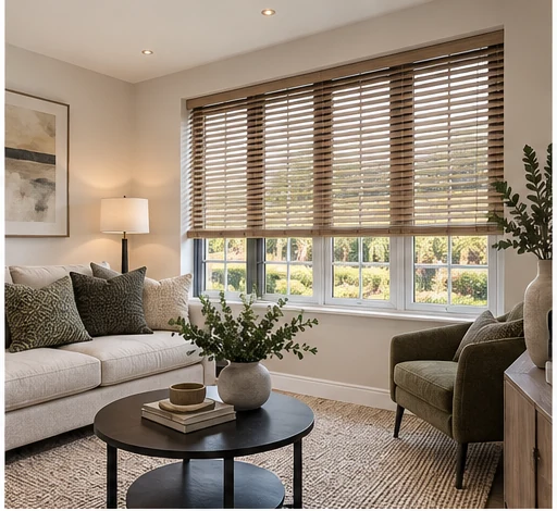Weavers Gate Antrim blinds and shutters – wooden Venetian blinds fitted in a contemporary Weavers Gate living room
