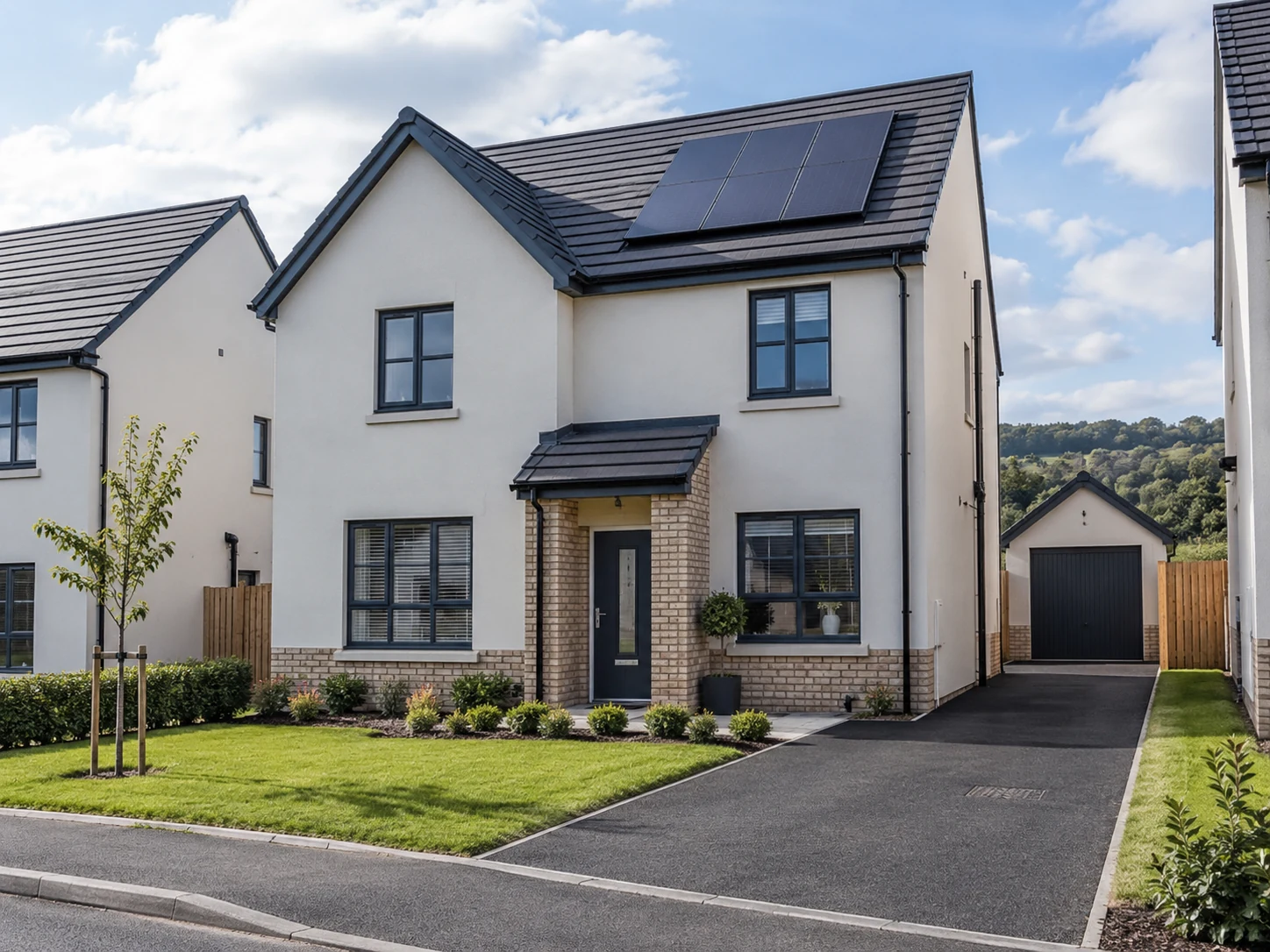 Illustrative Willow Park home exterior in Dungannon with painted render, anthracite windows, photovoltaic panels and a tarmac driveway.