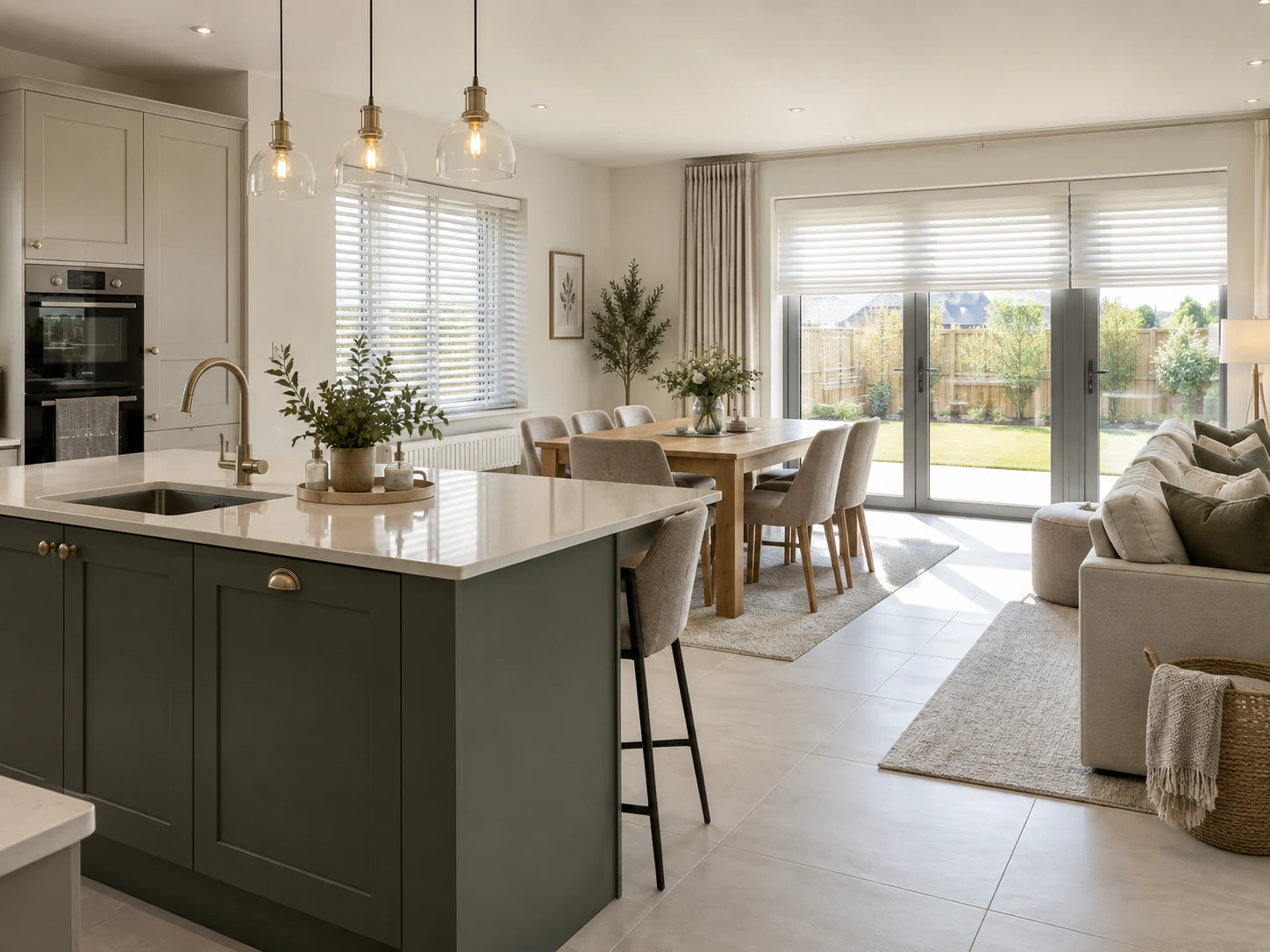 Illustrative Willow Park kitchen, dining and family space with a peninsula island, garden doors and practical made-to-measure blinds.
