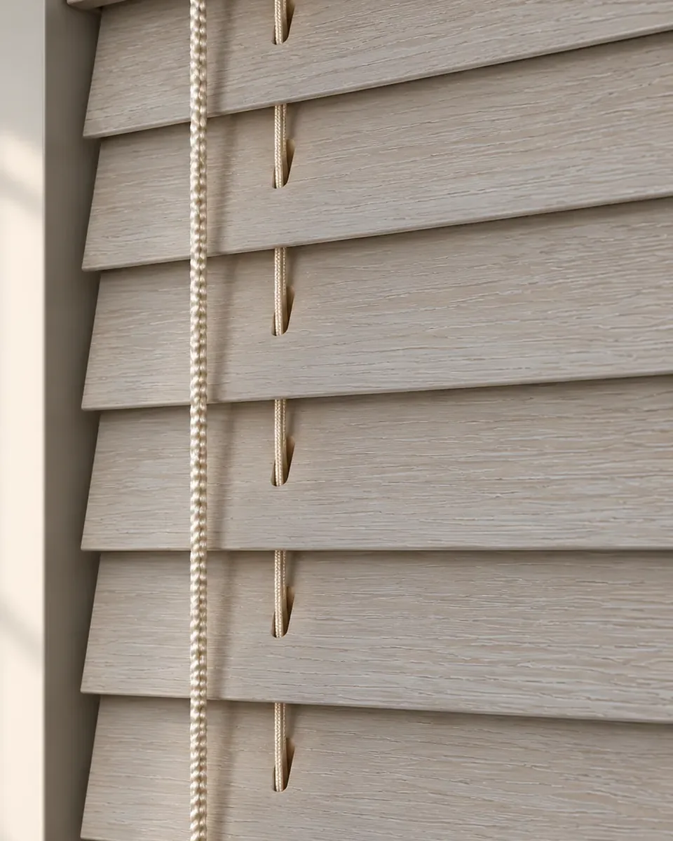 Macro detail of closed 50mm Driftwood wooden Venetian blind slats in a subtle light grey-beige woodgrain finish.