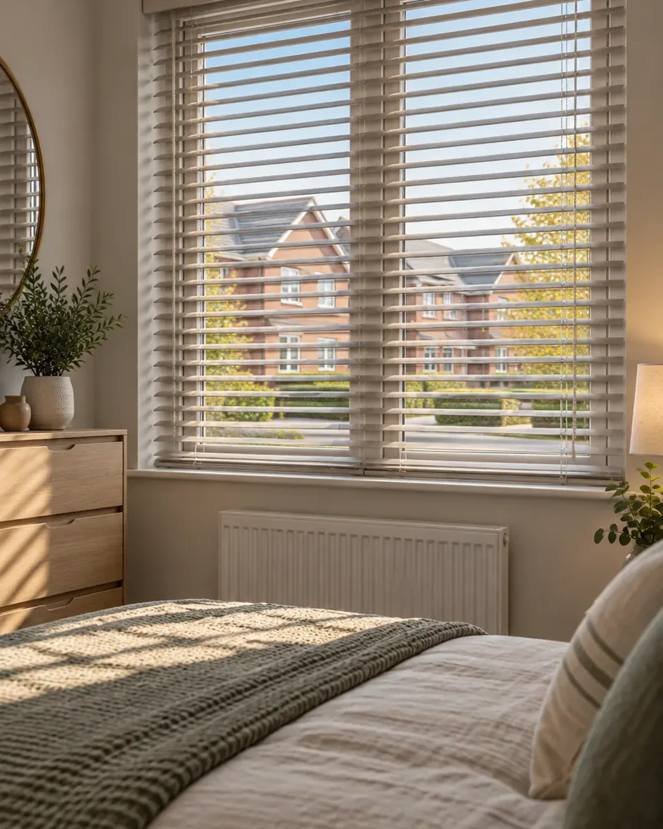 Made-to-measure Driftwood wooden Venetian blinds shown in a modern new-build bedroom with neutral walls and contemporary furniture.
