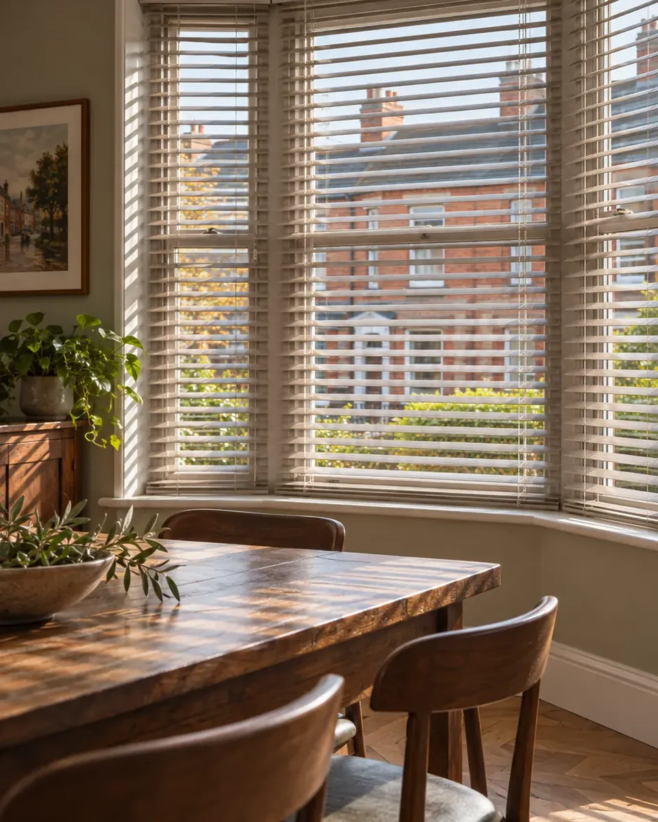 Driftwood wooden Venetian blinds in a traditional Belfast dining room, showing the soft woodgrain finish and adjustable horizontal slats.