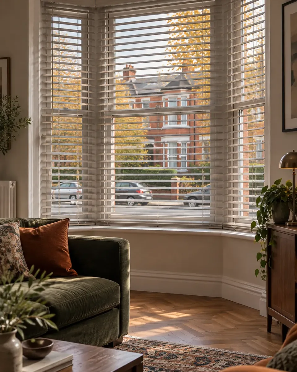 Driftwood wooden Venetian blinds shown across a traditional Belfast bay window in a period-style living room.