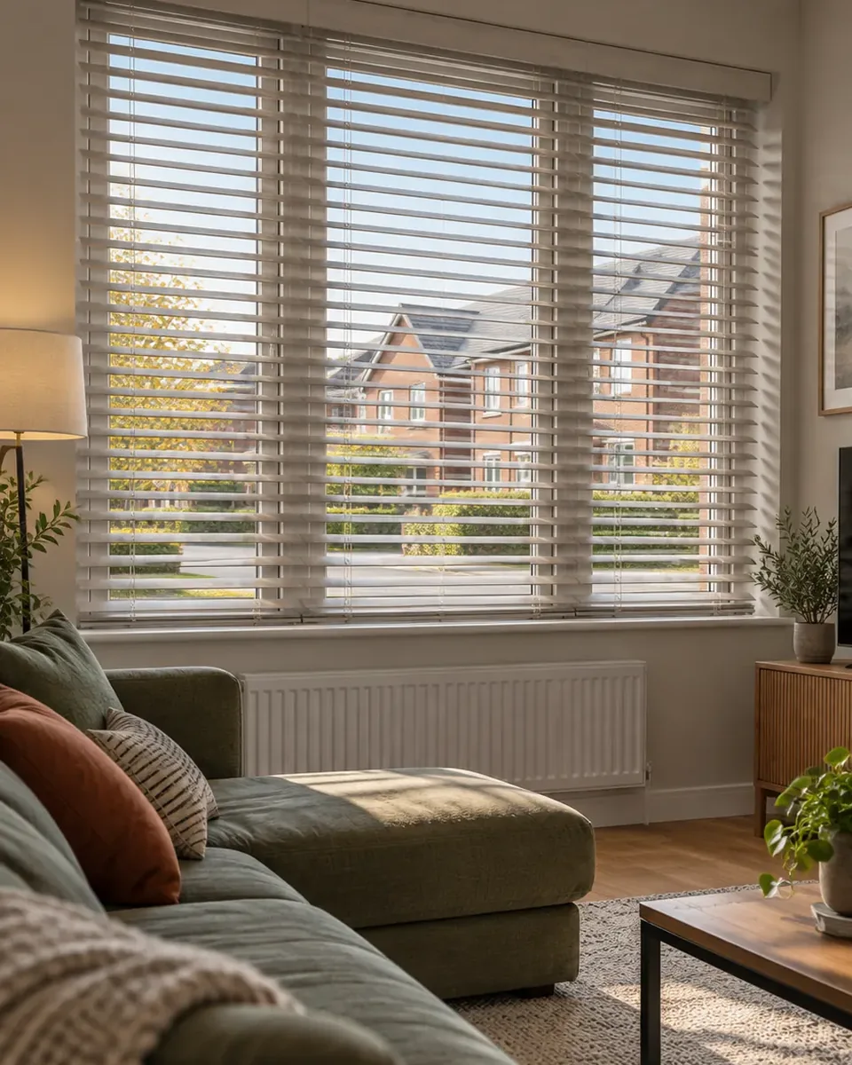 Light grey-beige Driftwood wooden Venetian blinds shown in a contemporary Northern Ireland new-build living room.