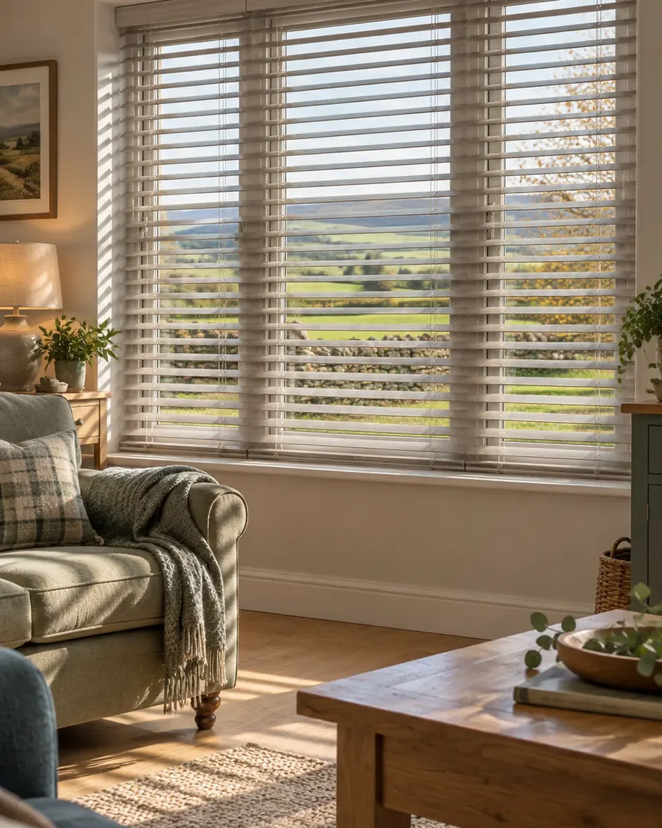 Driftwood wooden Venetian blinds in a rural Northern Ireland living room with countryside views.