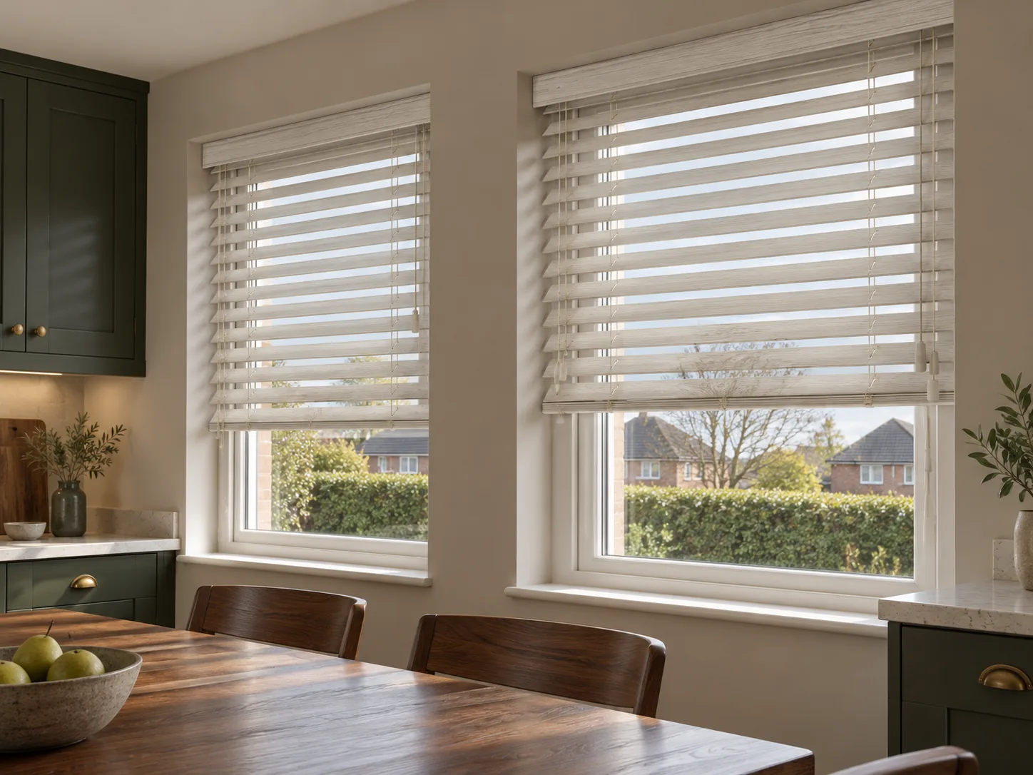 Linen wooden Venetian blinds fitted to a contemporary kitchen with contrasting dark cabinetry and warm timber furniture.