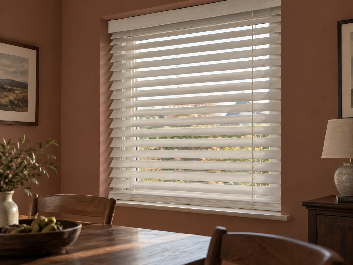 Linen wooden Venetian blinds in a dining room with warm-toned walls and contrasting dark wood furniture.