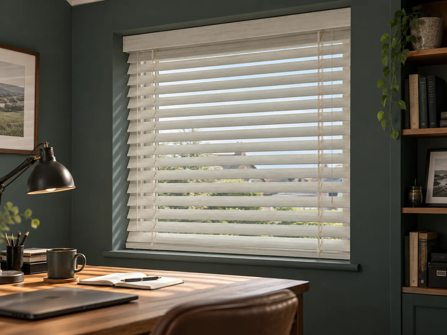 Linen wooden Venetian blinds fitted to a home office window with contrasting furnishings and a practical desk.