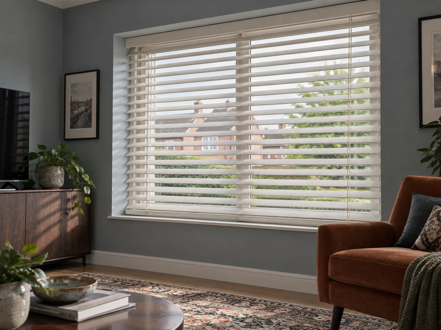 Linen wooden Venetian blinds in a living room with contrasting wall colours, dark furniture and warm accents.